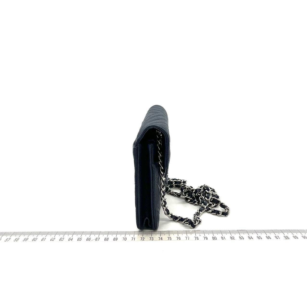 Chanel Chevron Wallet on Chain Navy Caviar Leather with Silver Hardware 4