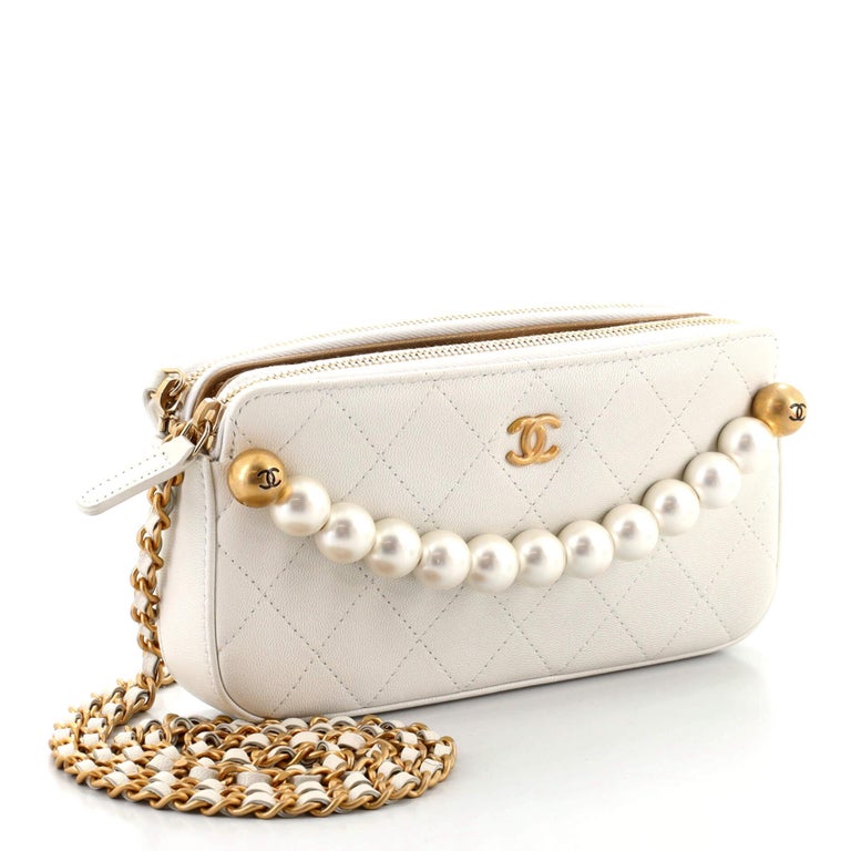 Chanel Chic Pearls Double Zip Clutch with Chain Quilted Lambskin at
