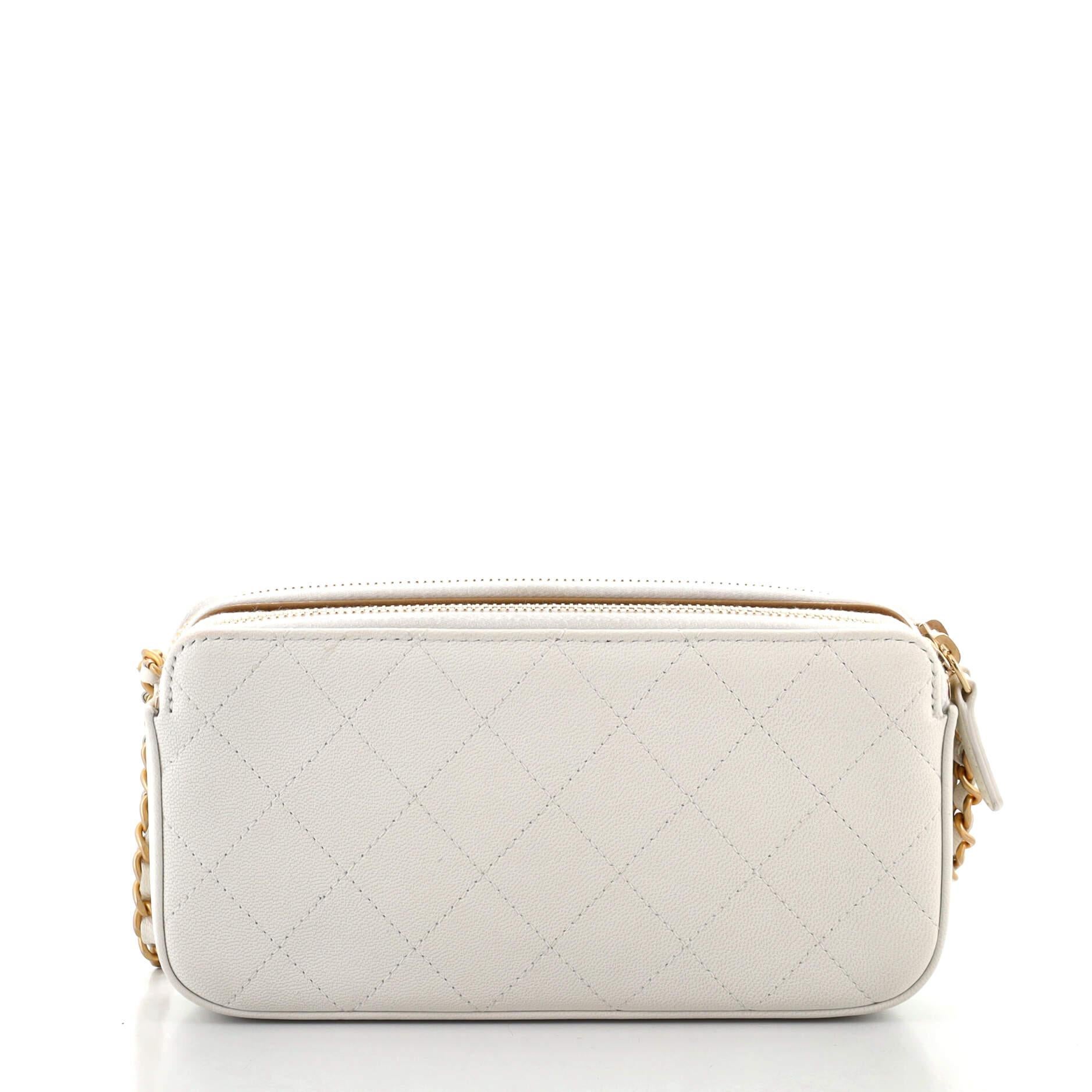 Beige Chanel Chic Pearls Double Zip Clutch with Chain Quilted Lambskin