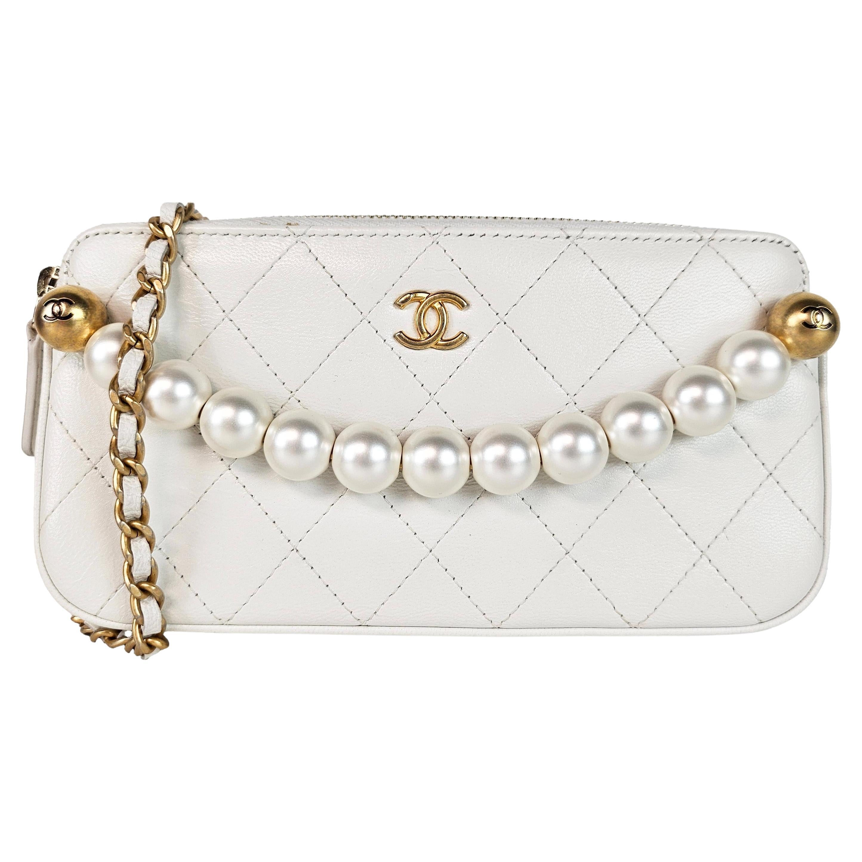 Chanel Chic Pearls Double Zip Clutch with Chain Quilted Lambskin For Sale
