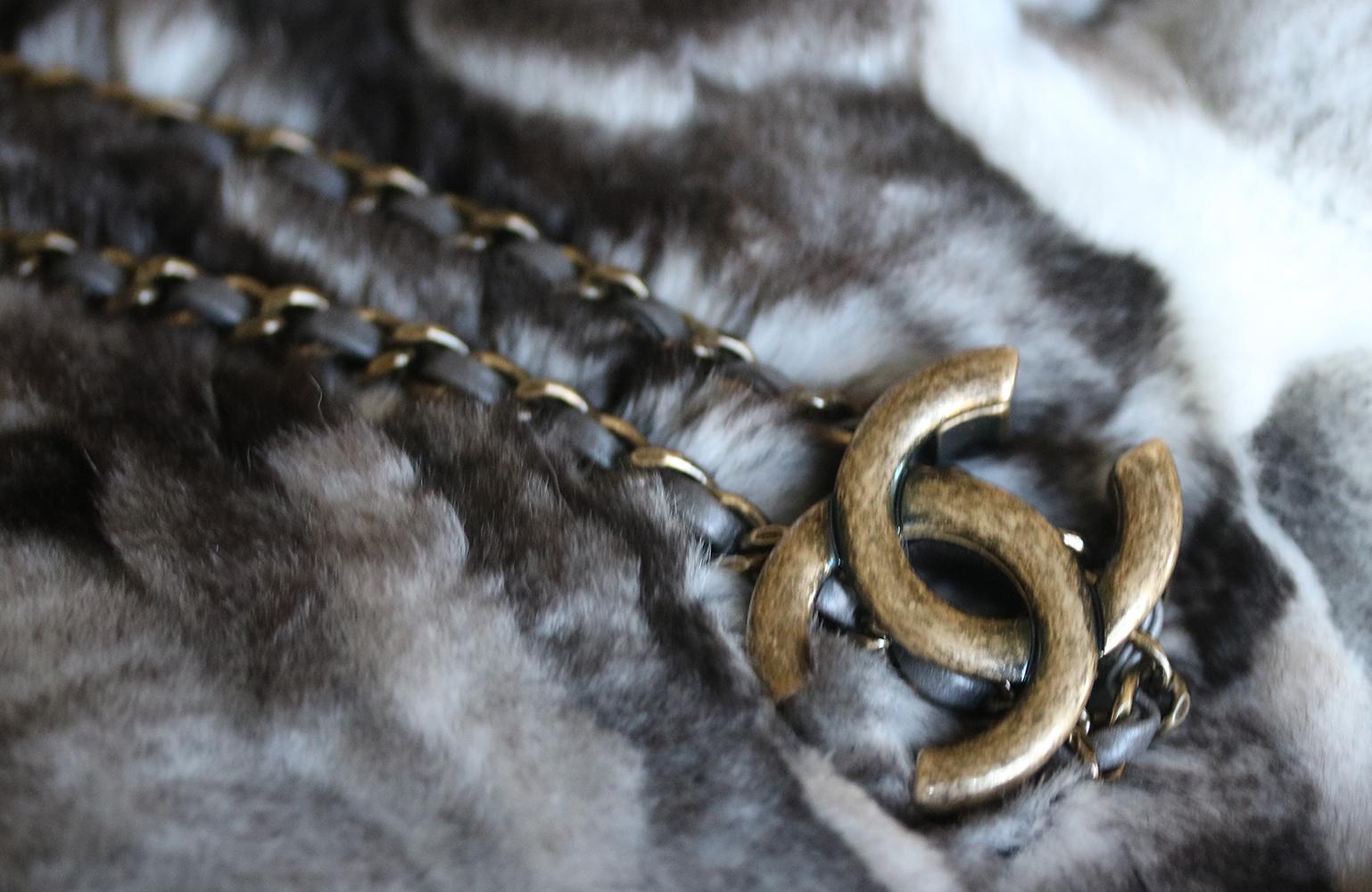 Black Chanel Chinchilla Fur Chain Drawstring Shoulder Bag