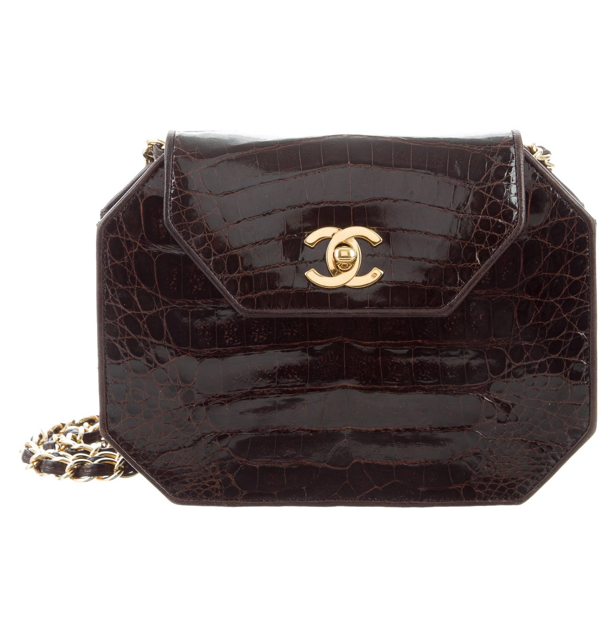 Chanel Chocolate Alligator Leather Octagon 2in1 Evening Clutch Shoulder