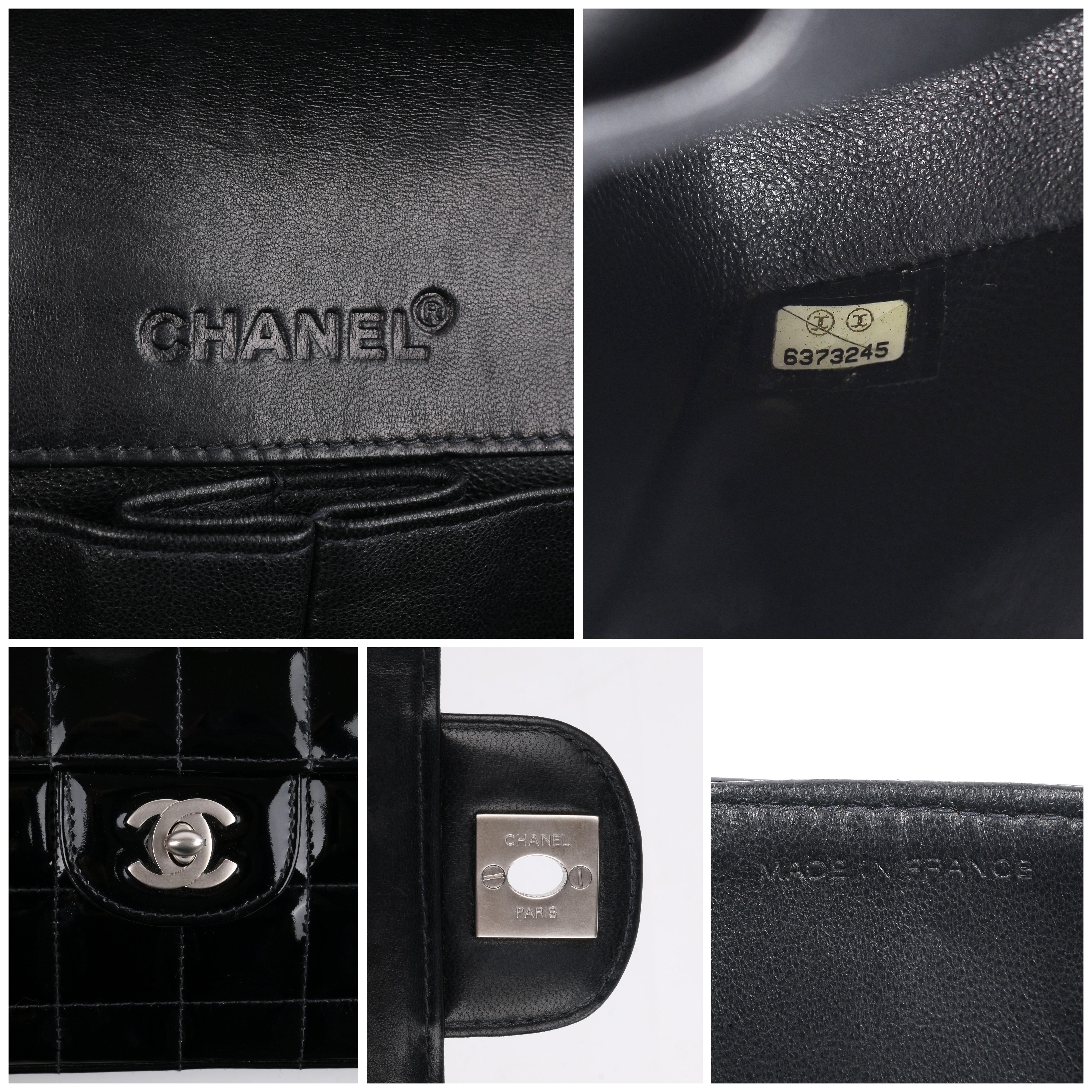 CHANEL 'Chocolate Bar' Black Patent Leather matte silver CC logo Shoulder Bag 4