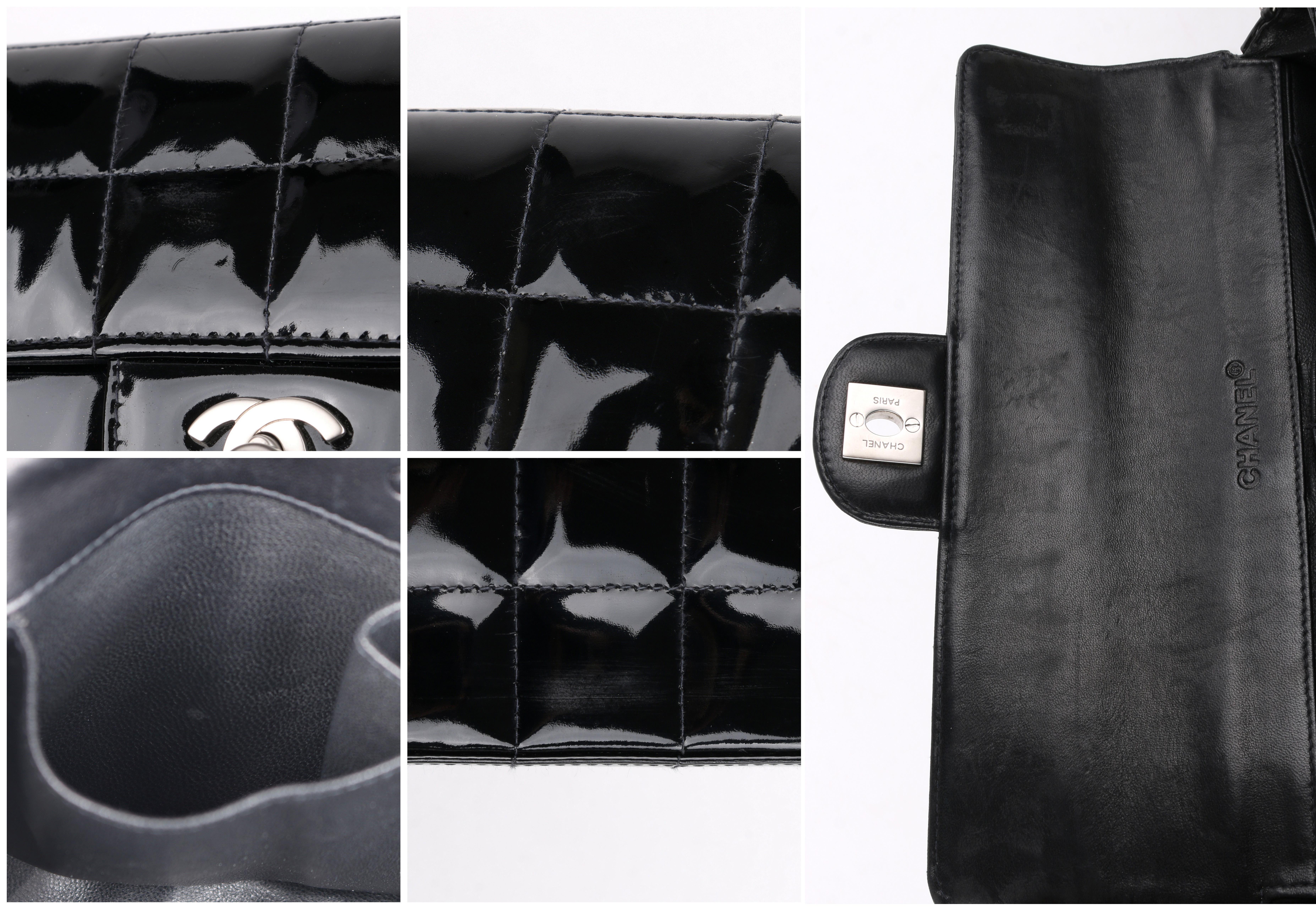 CHANEL 'Chocolate Bar' Black Patent Leather matte silver CC logo Shoulder Bag 5