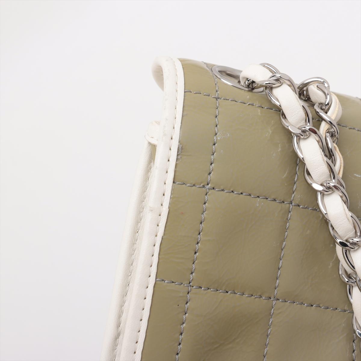 Chanel Chocolate Bar Patent Leather Single Flap Double Chain Bag Khaki 9