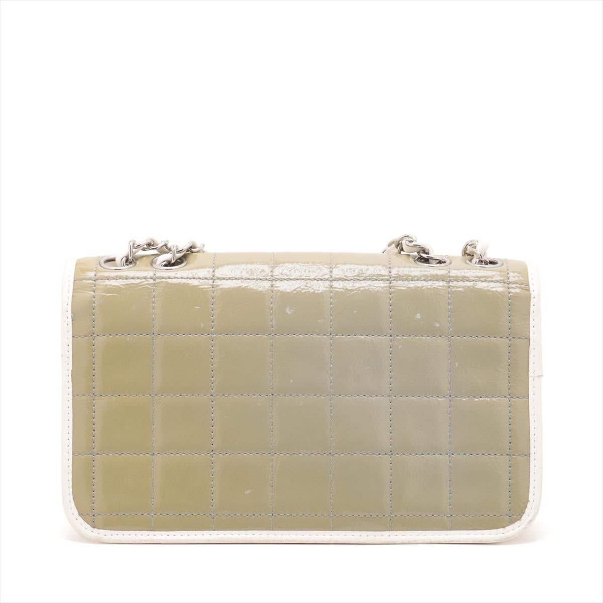 Brown Chanel Chocolate Bar Patent Leather Single Flap Double Chain Bag Khaki