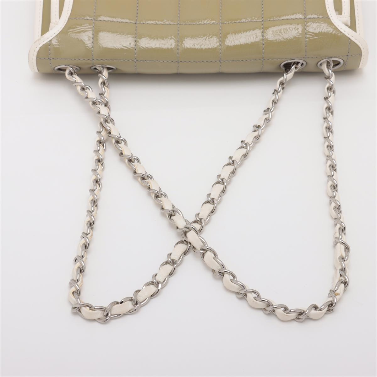 Chanel Chocolate Bar Patent Leather Single Flap Double Chain Bag Khaki 1
