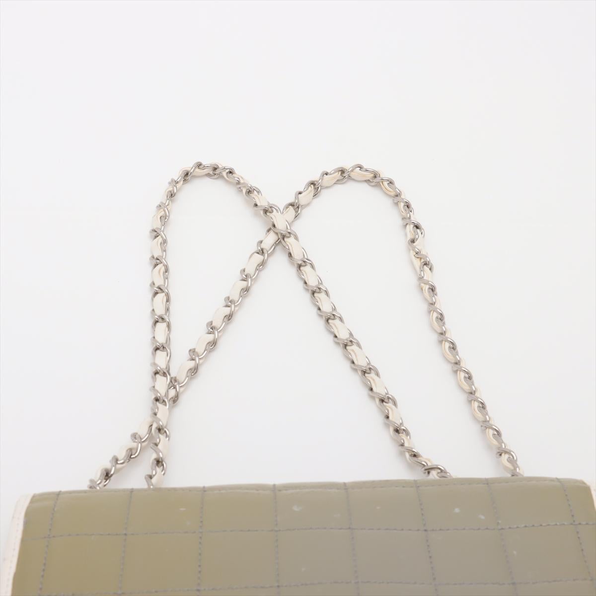 Chanel Chocolate Bar Patent Leather Single Flap Double Chain Bag Khaki 2