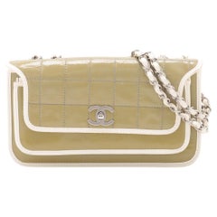 Chanel Chocolate Bar Patent Leather Single Flap Double Chain Bag Khaki