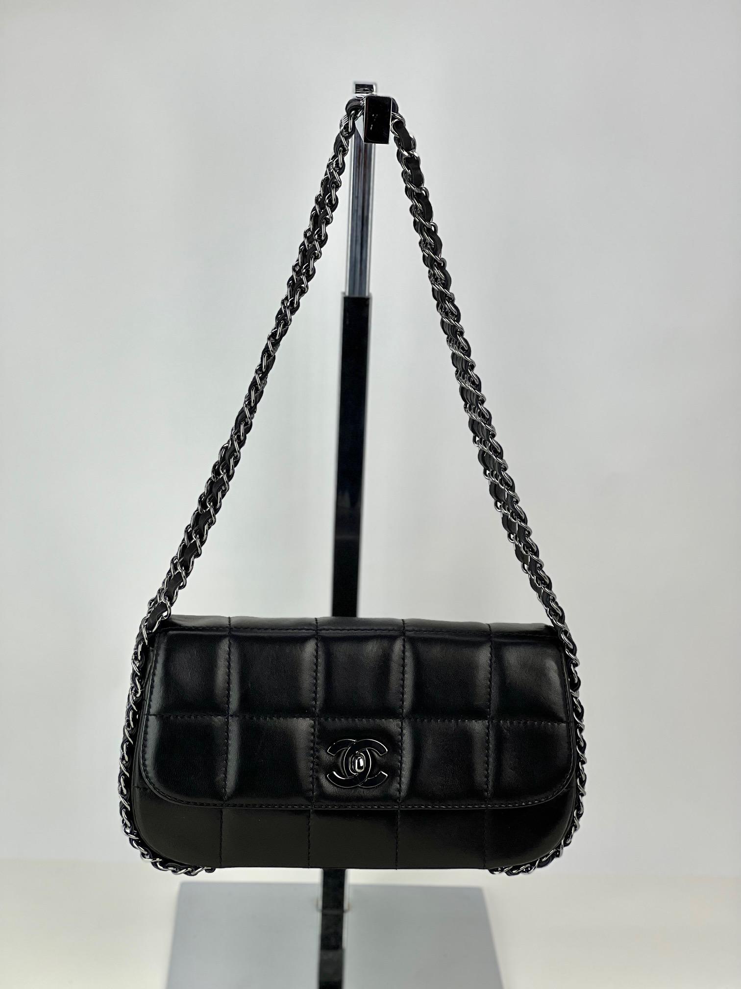 CHANEL Chocolate Bar Quilted Lambskin 5 Chain Flap Black Bag 4