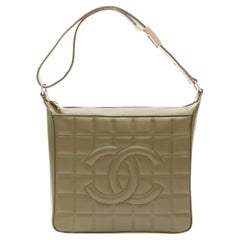 CHANEL Chocolate Bar square emboss quilted CC green leather small shoulder bag