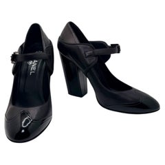 Chanel Chocolate / Black Leather Mary Jane Block Heel Pumps Lagerfeld Era EU 39