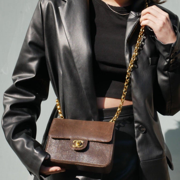 CHANEL Chocolate Brown Lizard Exotic Leather Gold Small Mini Shoulder Flap  Bag For Sale at 1stDibs