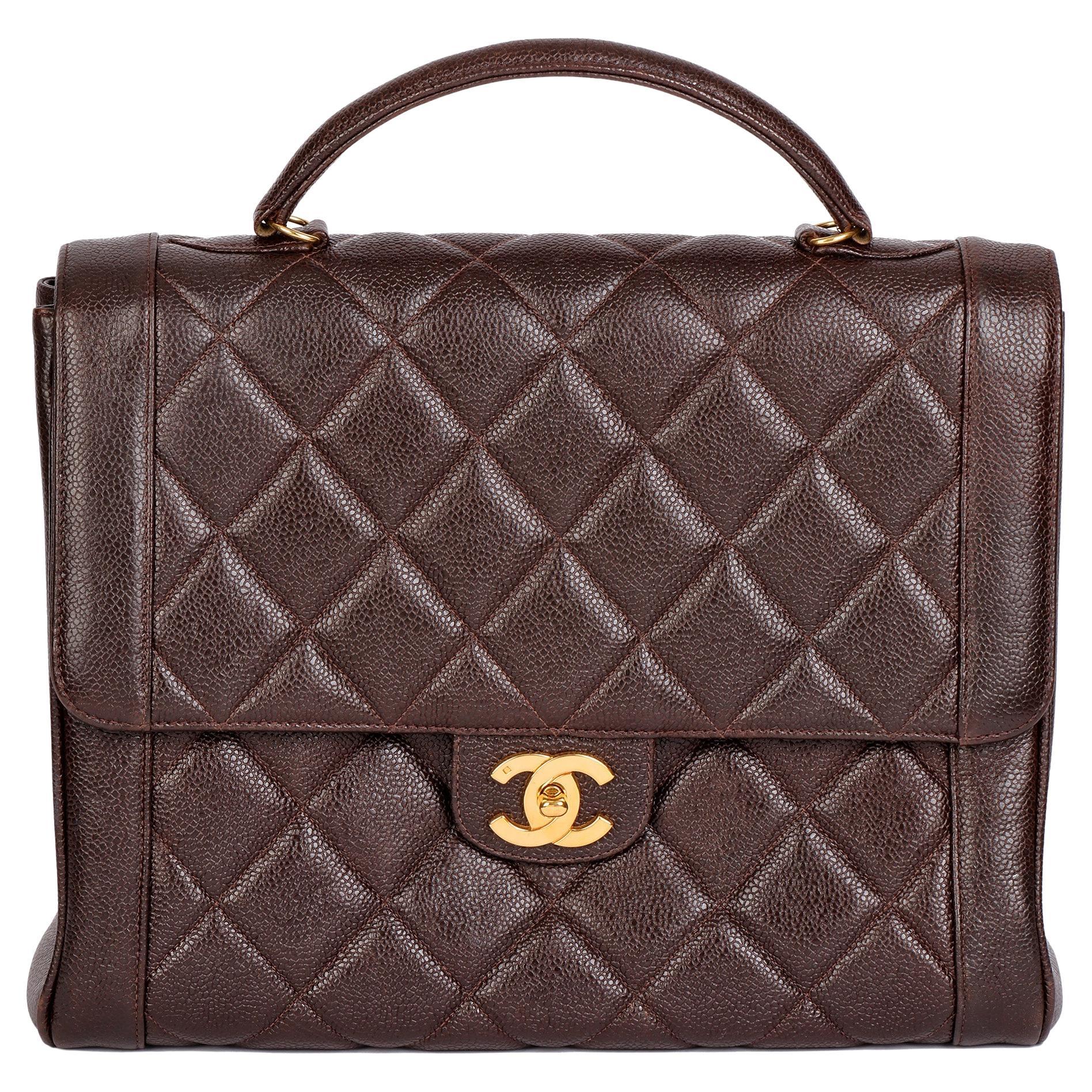 CHANEL Chocolate Brown Quilted Caviar Leather Vintage Classic Kelly For Sale
