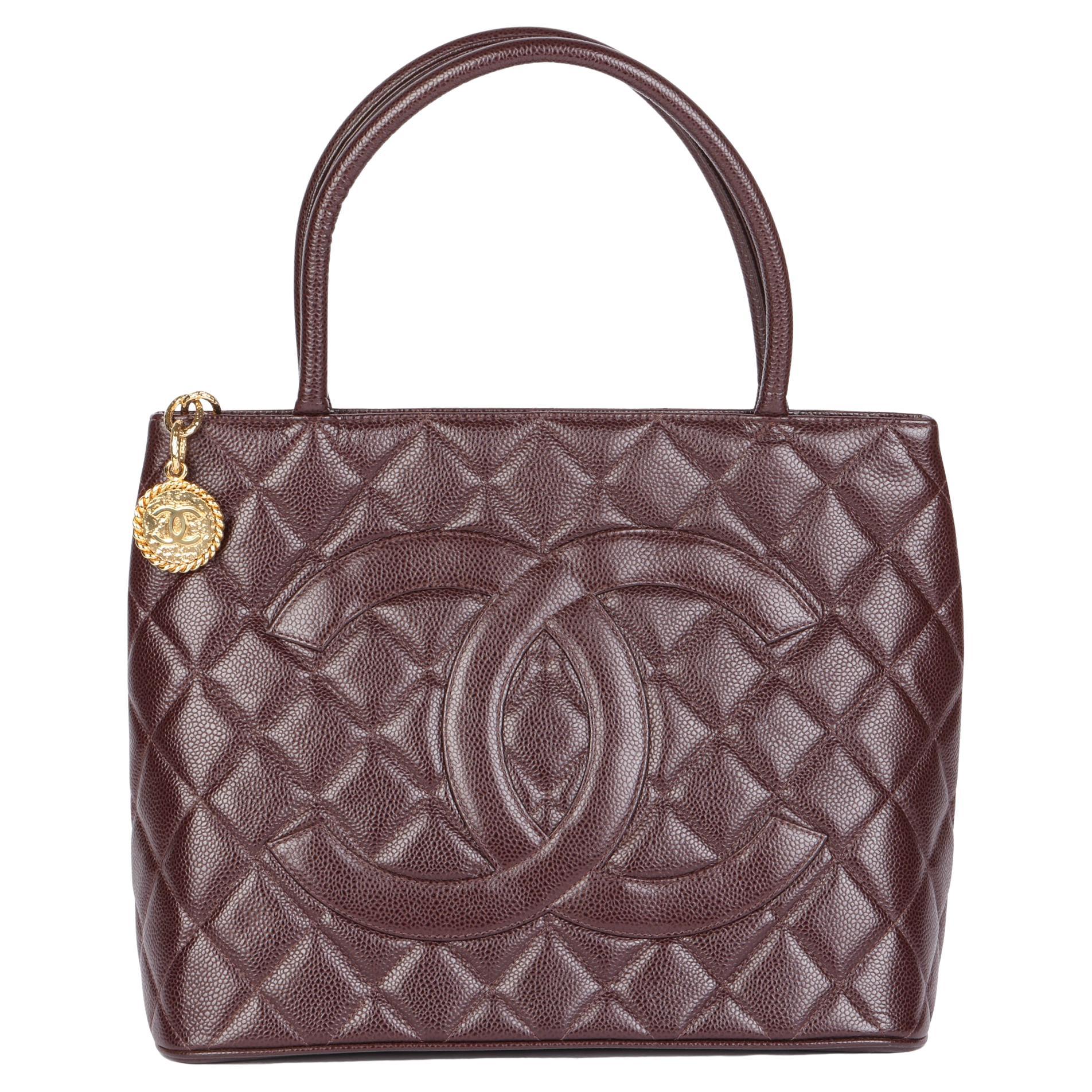 CHANEL Chocolate Brown Quilted Caviar Leather Vintage Medallion Tote