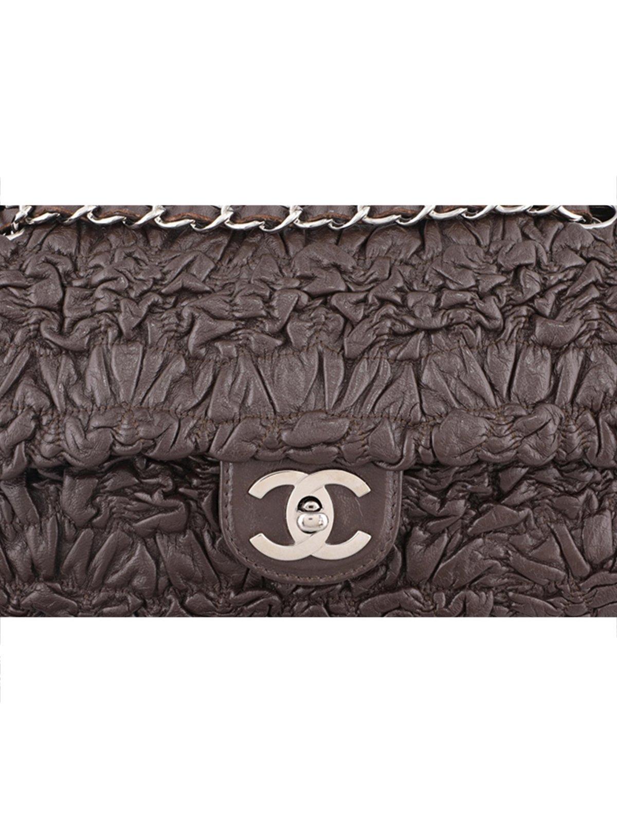 Black Chanel Fall 2007 Ruched Wrinkled Brown Leather Medium Classic Flap Bag  For Sale