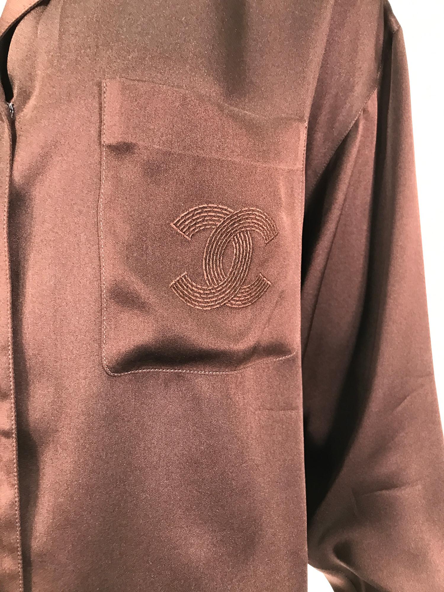 Chanel Chocolate Brown Silk Satin Logo Pocket Blouse  3
