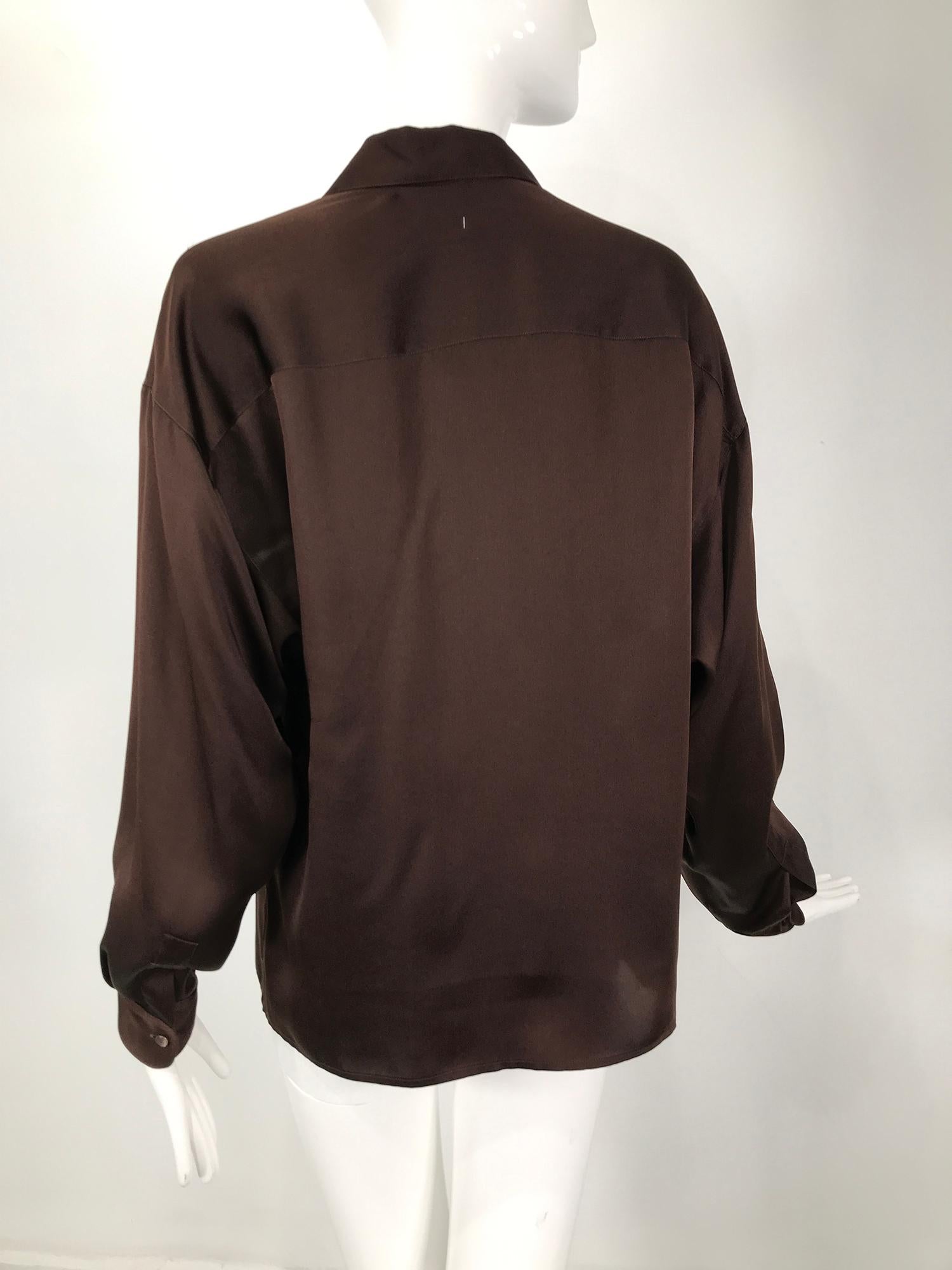 Chanel Chocolate Brown Silk Satin Logo Pocket Blouse  In Good Condition In West Palm Beach, FL