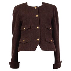 CHANEL chocolate brown wool BOUCLE Collarless Blazer Jacket 38 S