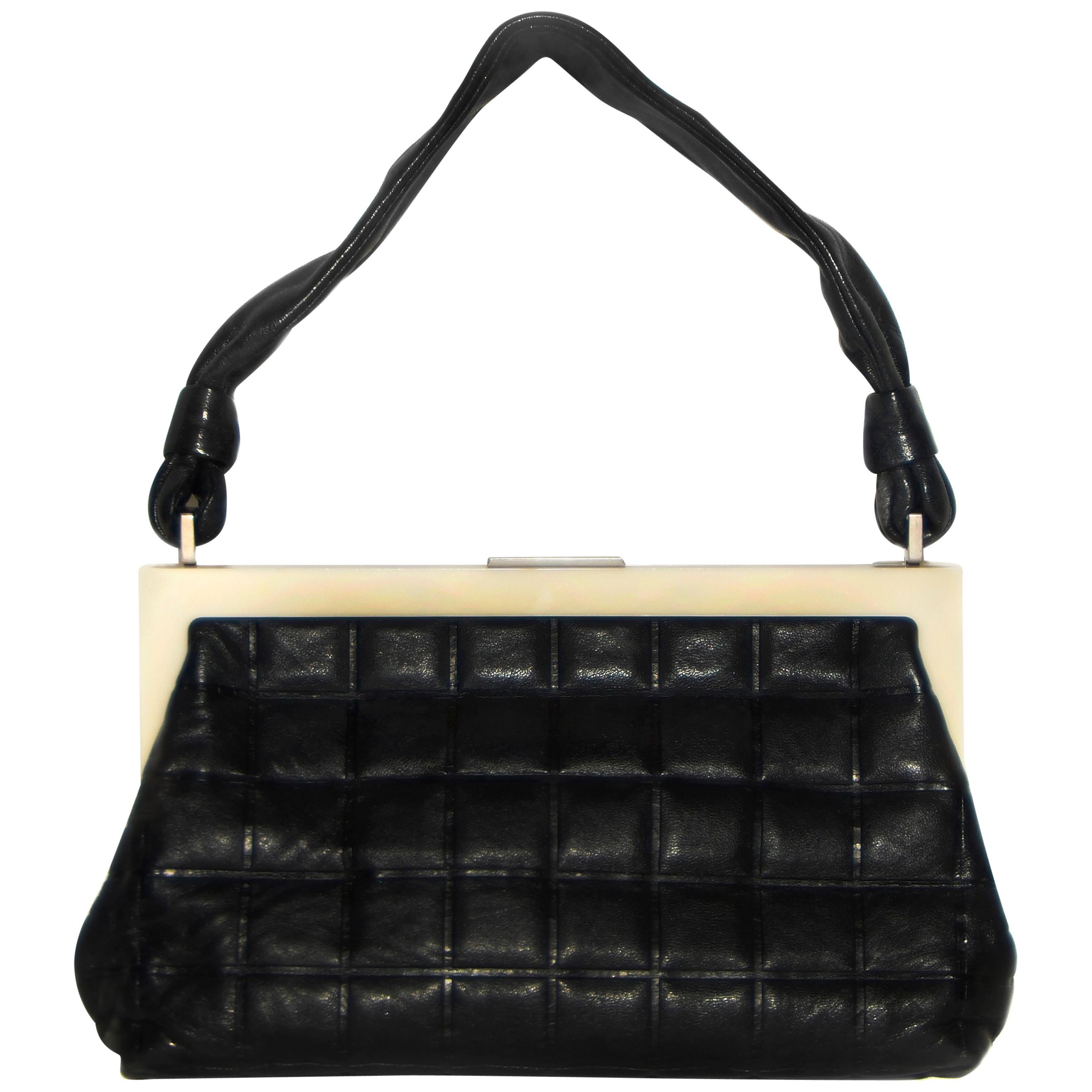 Chanel Chocolate Frame Bag W/ Rope Style Handle & Square Quilt Black Handbag