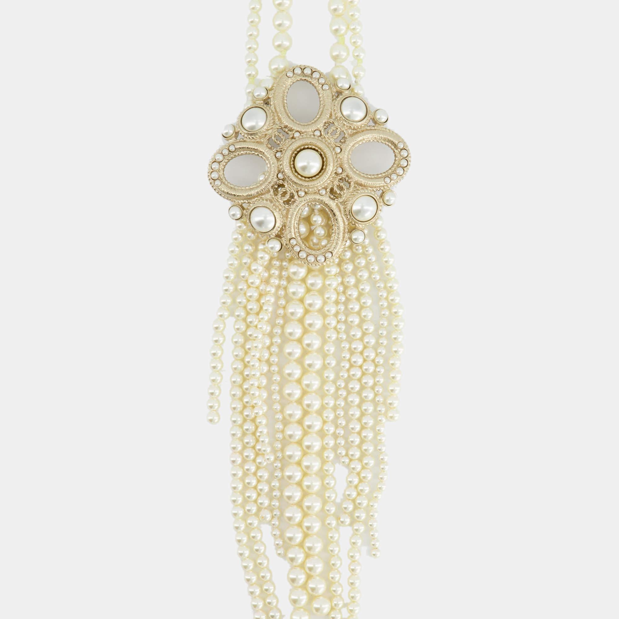 Chanel Choker Long Pearl Necklace with Antique Gold Pendant 2