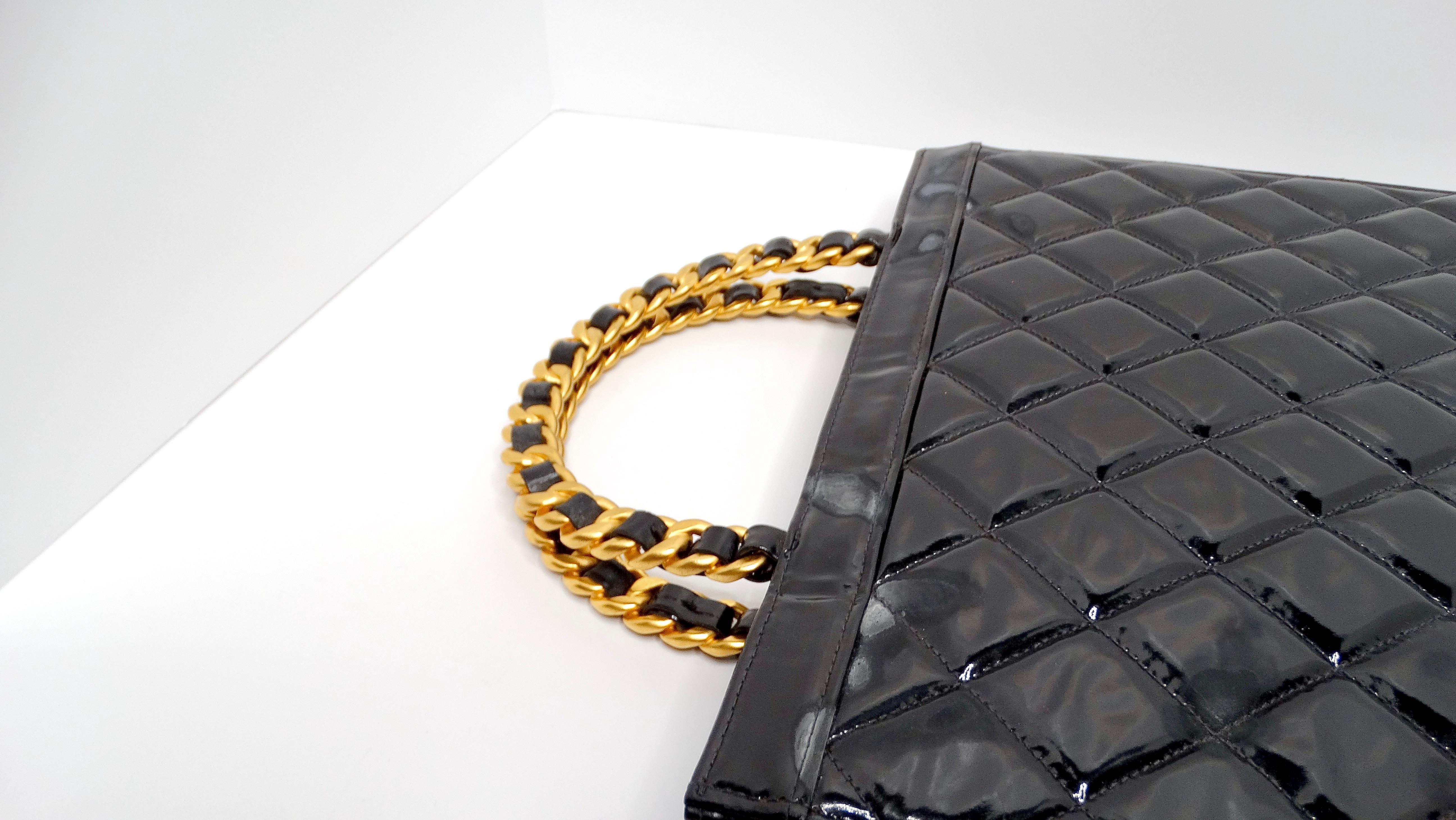Chanel Circa 1990s Black Quilted Patent Leather Vintage Tote 7