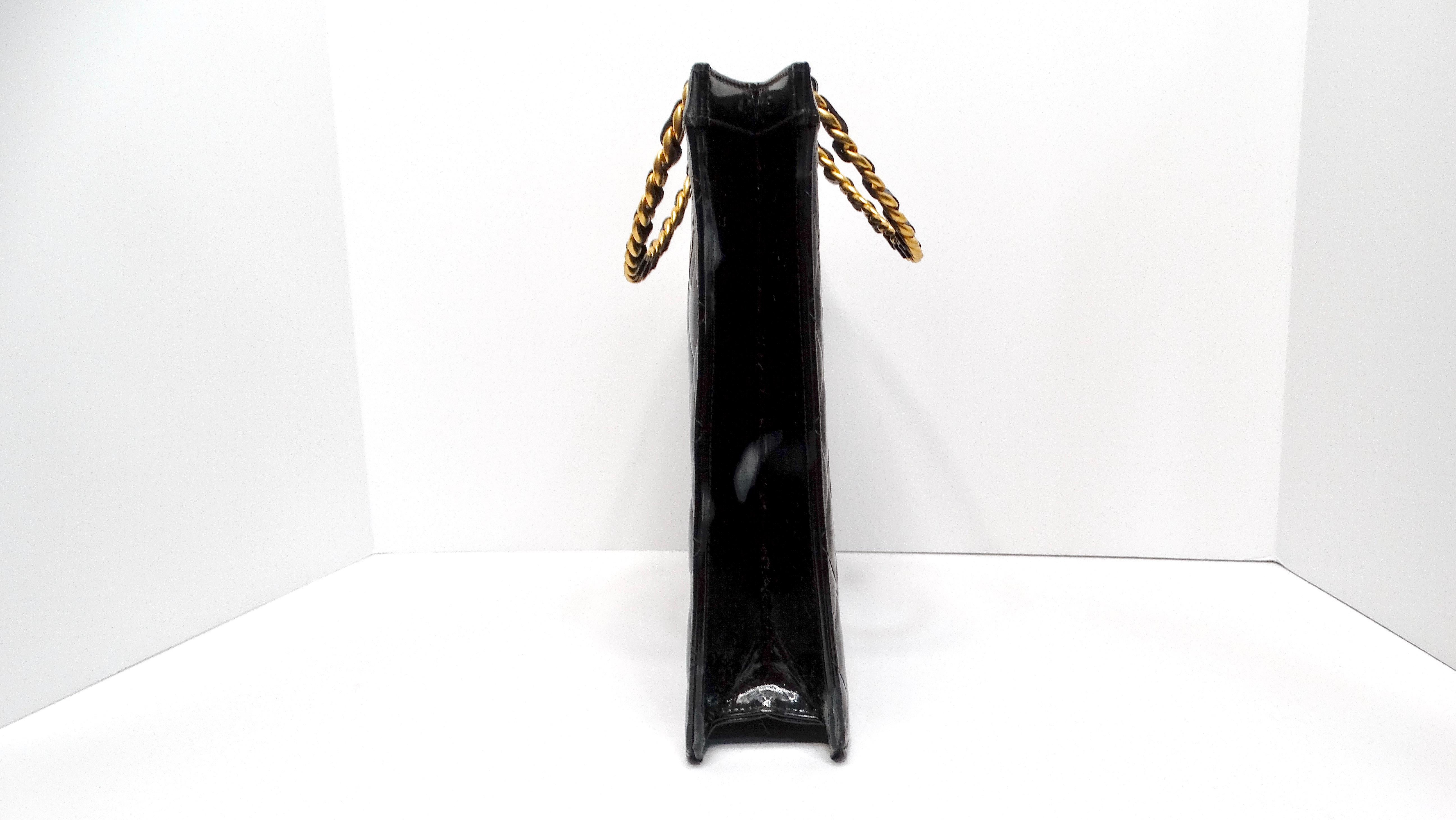 Chanel Circa 1990s Black Quilted Patent Leather Vintage Tote In Fair Condition In Scottsdale, AZ
