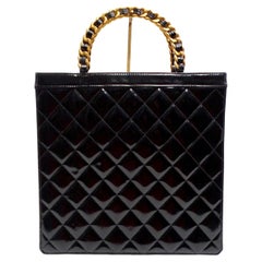 Chanel Circa 1990s Black Quilted Patent Leather Vintage Tote