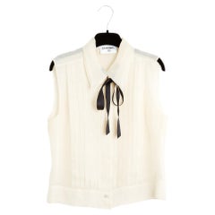 Chanel circa 2000 Top FR36 Ecru Seide Organza schwarz Ascot Bluse Hemd UK8 US6