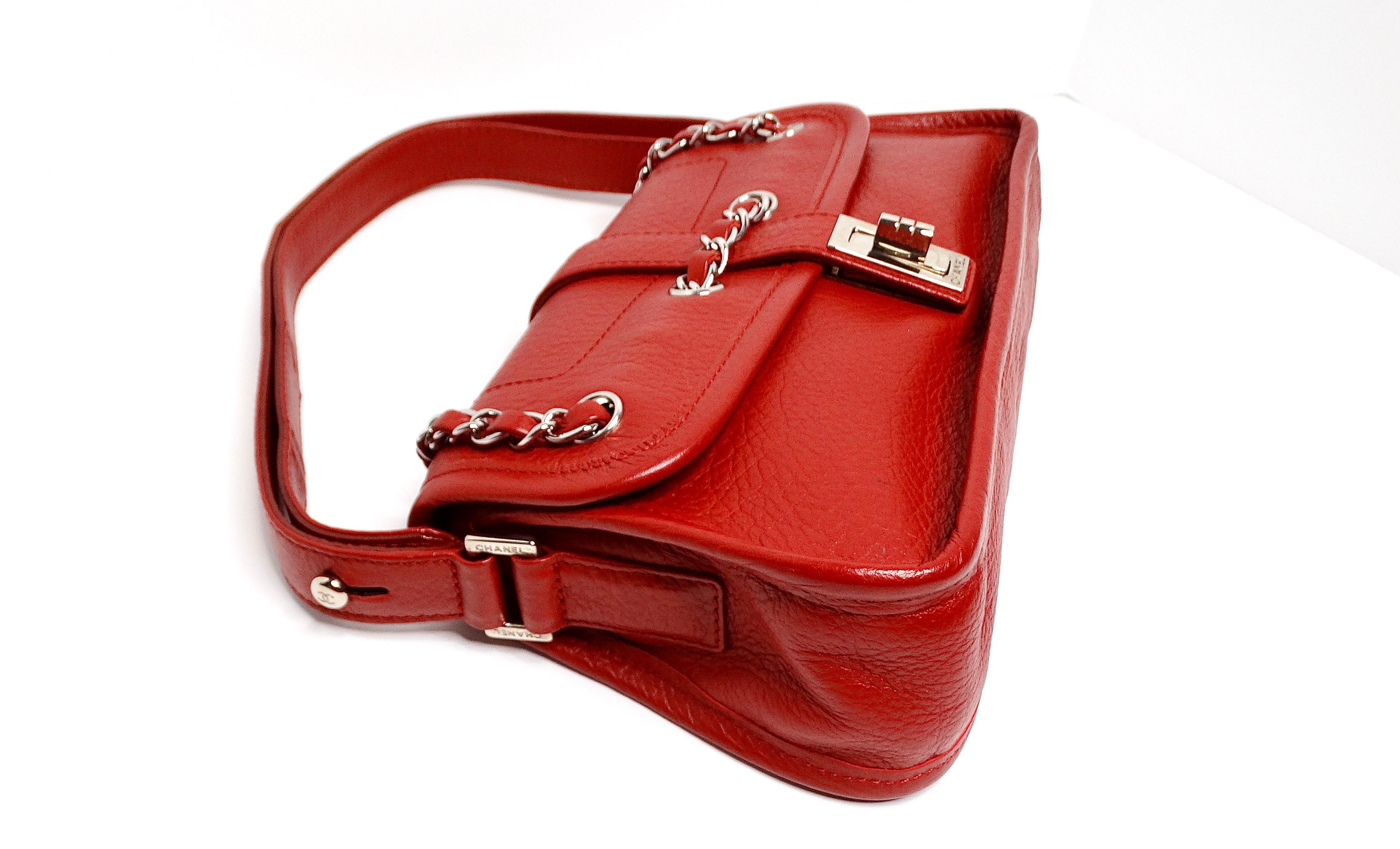 Chanel Circa 2003 Mademoiselle Red Leather Shoulder Bag In Good Condition For Sale In Scottsdale, AZ
