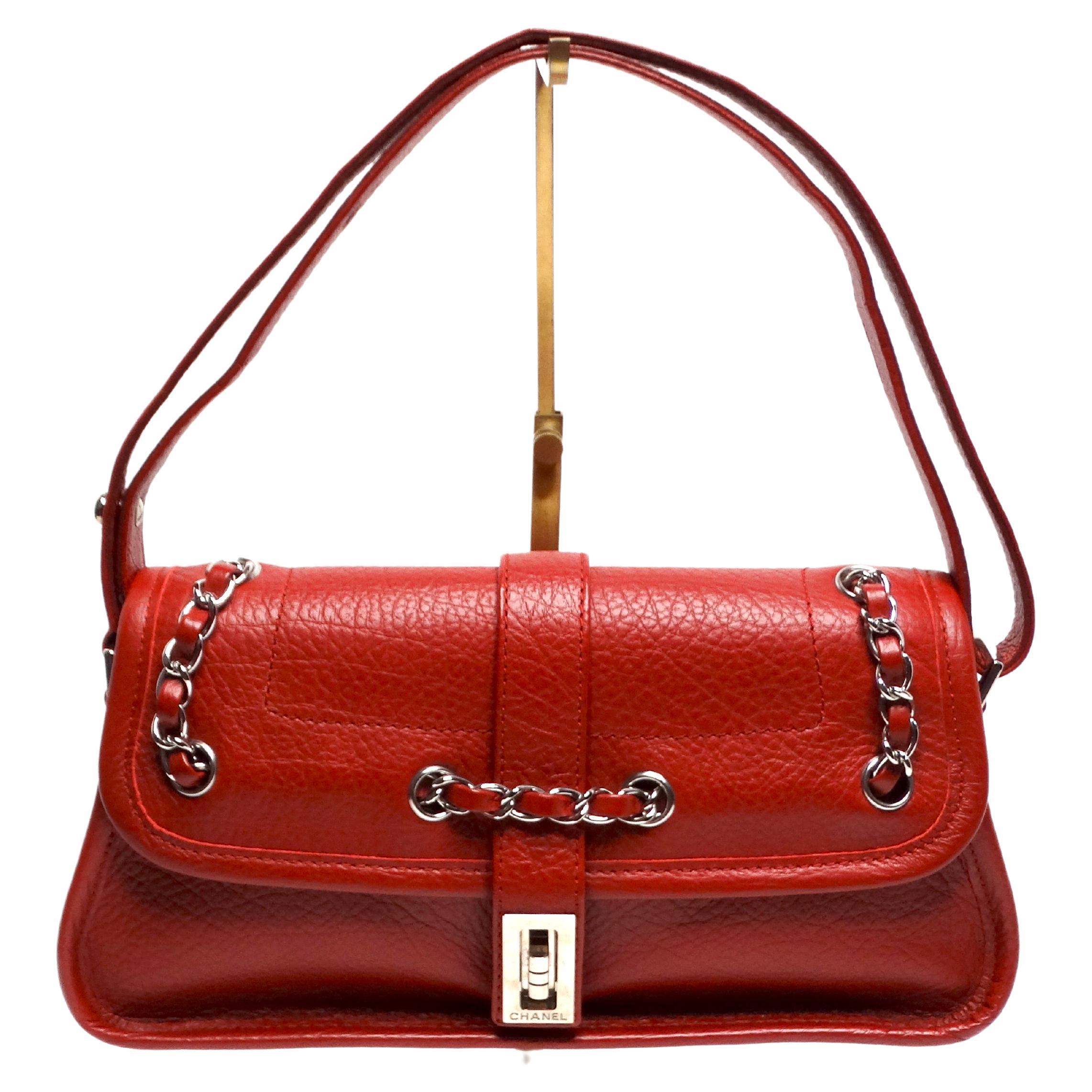 Chanel Circa 2003 Mademoiselle Red Leather Shoulder Bag For Sale