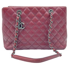 Chanel City Shopping Tote Bag Quilted Caviar Dark Red Silver Chain Charm