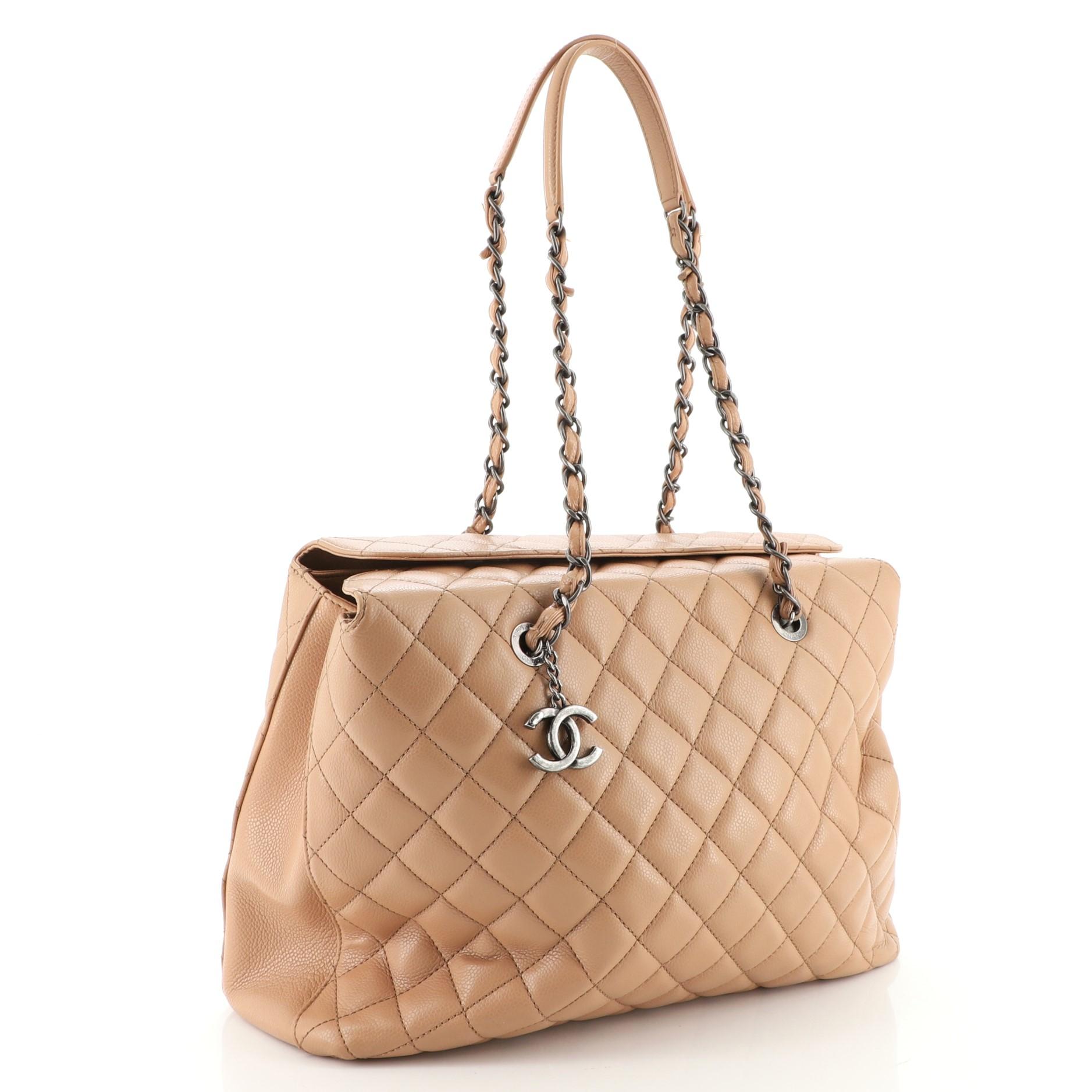 Beige Chanel City Shopping Tote Quilted Caviar Large