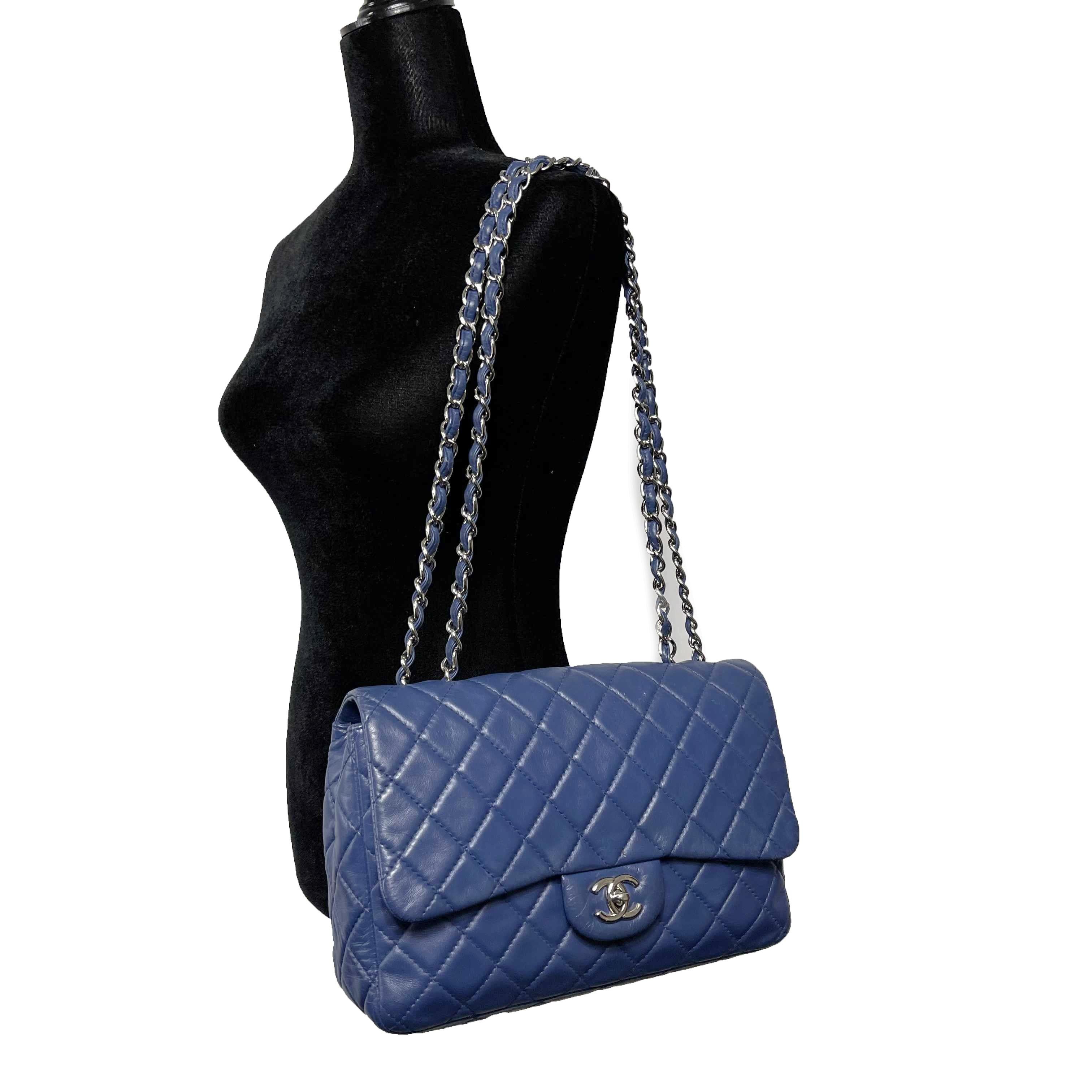 CHANEL Classic 08 Single Flap Bag Blue Quilted Lambskin Maxi Shoulder Bag For Sale 6