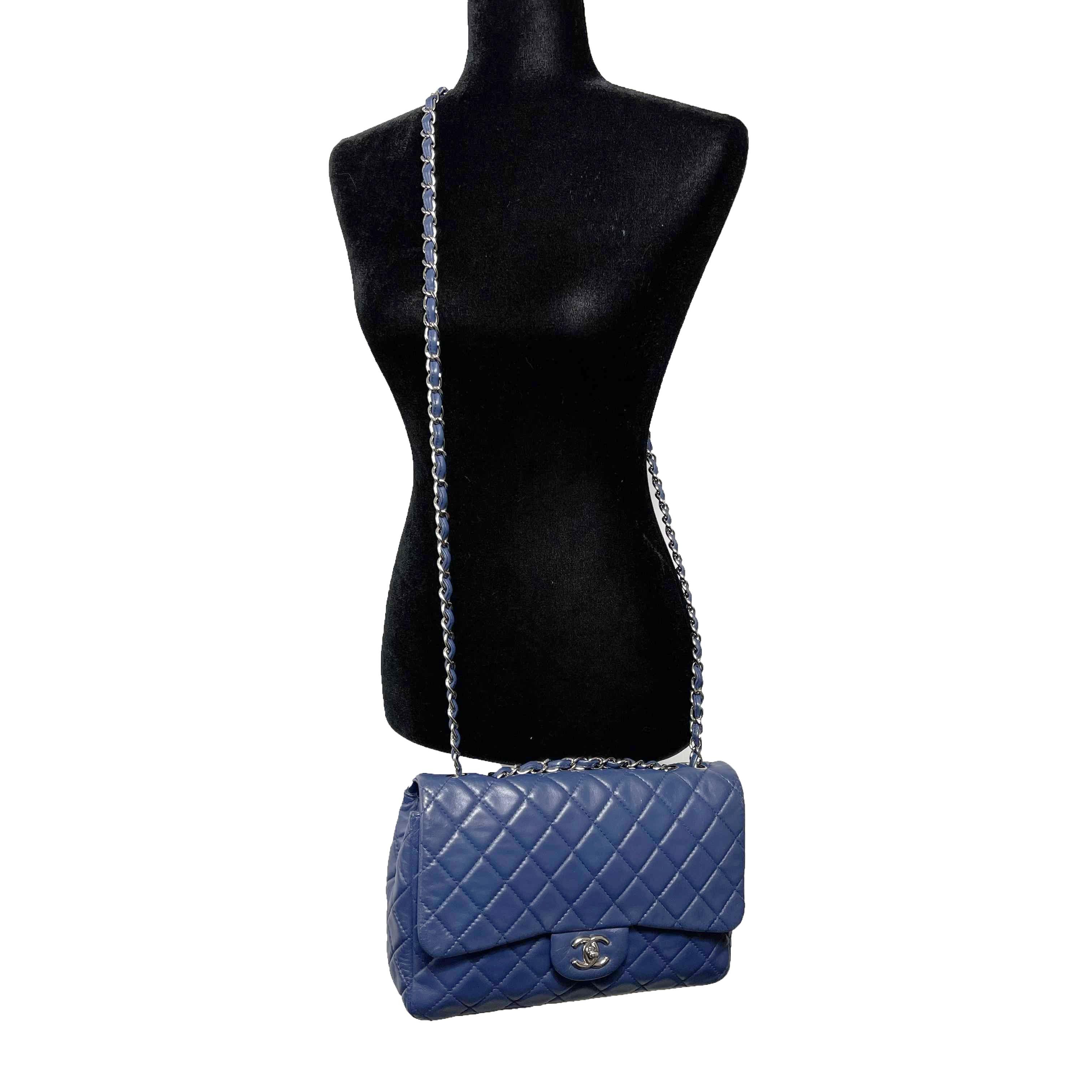 CHANEL Classic 08 Single Flap Bag Blue Quilted Lambskin Maxi Shoulder Bag For Sale 1