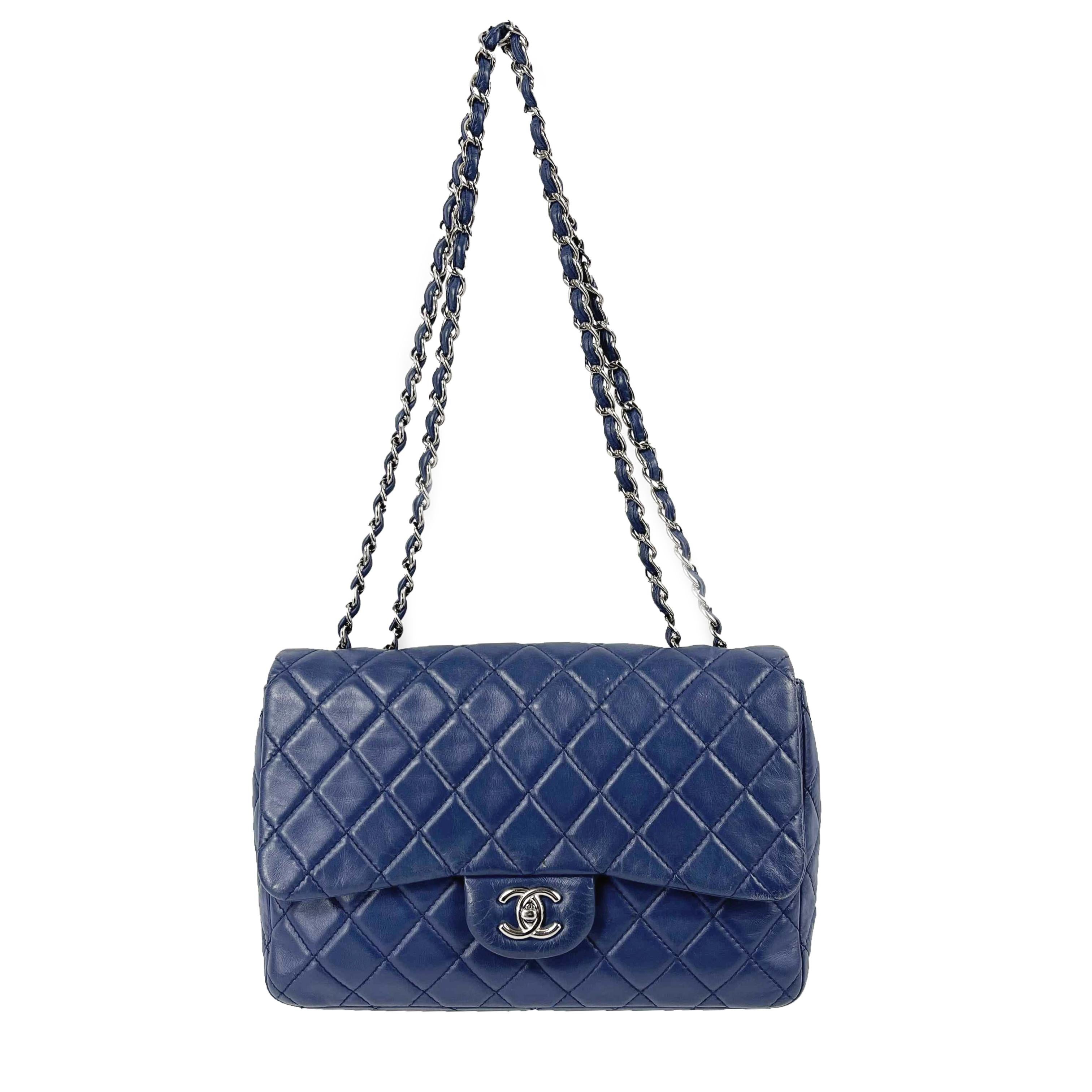 CHANEL Classic 08 Single Flap Bag Blue Quilted Lambskin Maxi Shoulder Bag For Sale 2