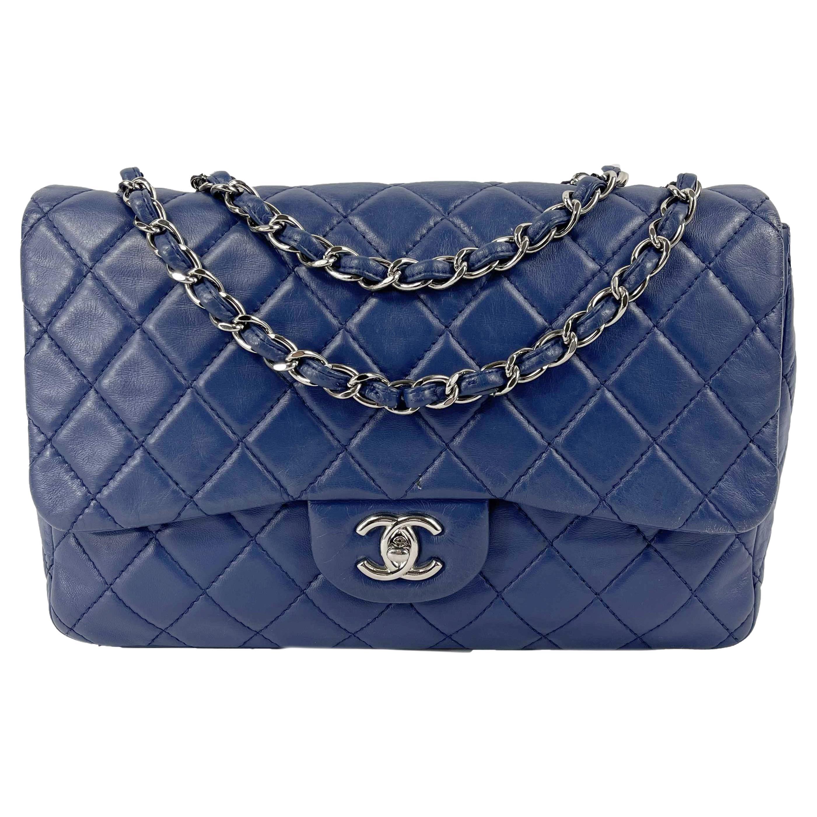 CHANEL Classic 08 Single Flap Bag Blue Quilted Lambskin Maxi Shoulder Bag For Sale