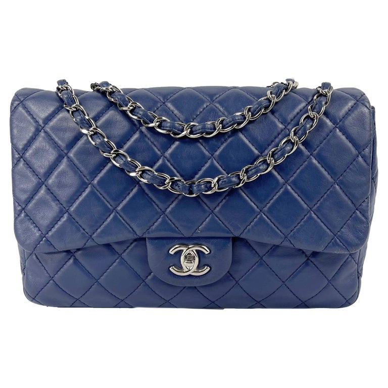 Blue Lambskin Quilted Leather Flap Large Handbag with Silver Hardware –  Baggio Consignment