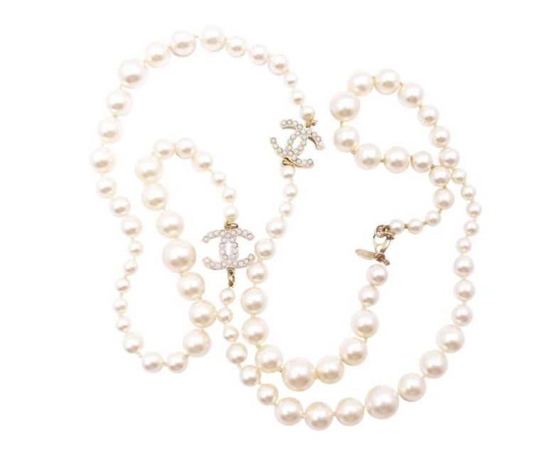 Chanel Classic 2 Gold CC White Bead Pearl Necklace at 1stDibs