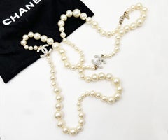 Chanel Classic 2 Gold CC White Bead Pearl Necklace