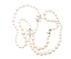 Chanel Classic 2 Gold CC White Bead Pearl Necklace