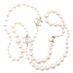 Chanel Classic 2 Gold CC White Bead Pearl Necklace