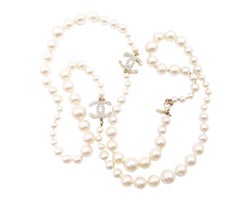 Chanel Classic 2 Gold CC White Bead Pearl Necklace  