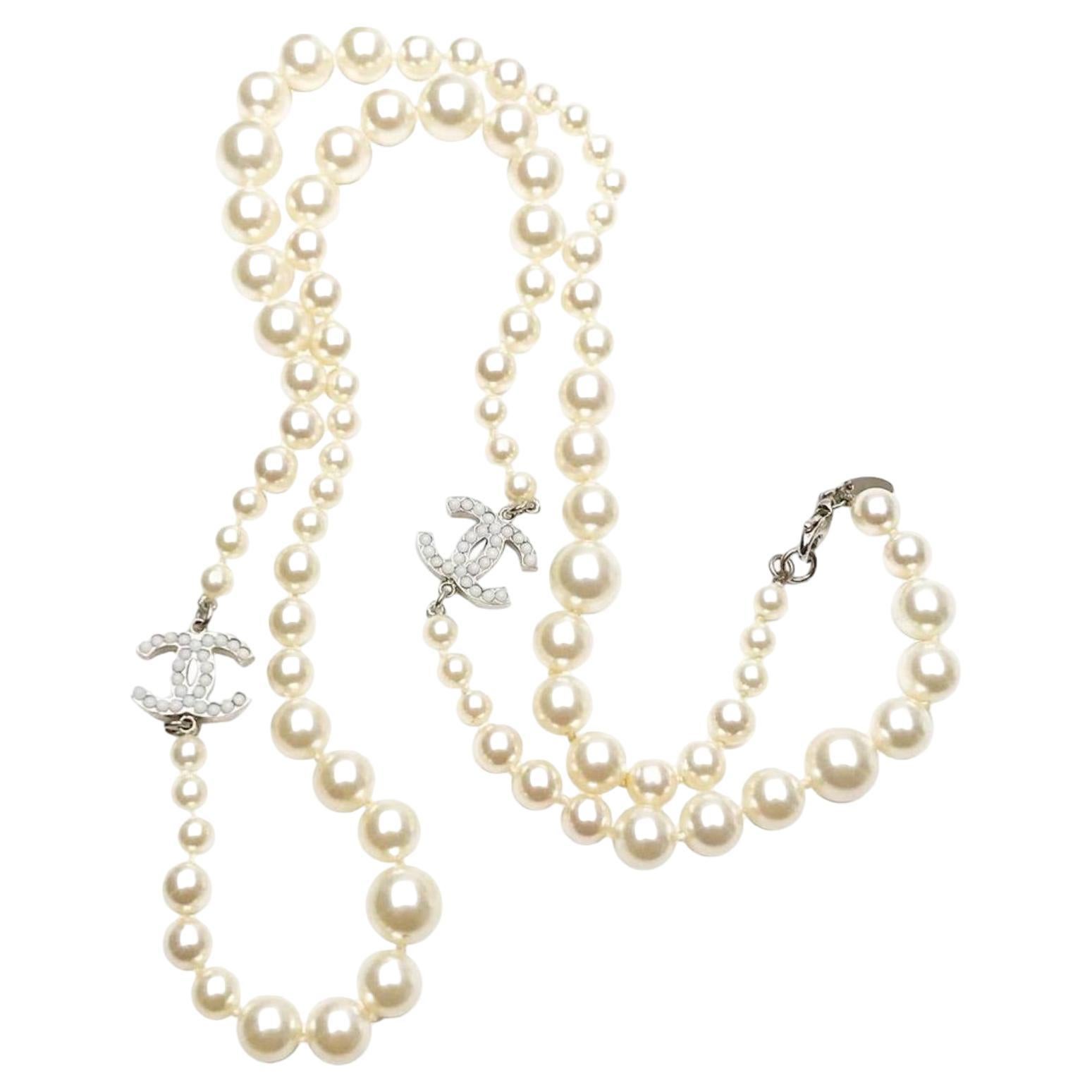 Chanel Classic 2 Silver CC White Bead Pearl Necklace   For Sale