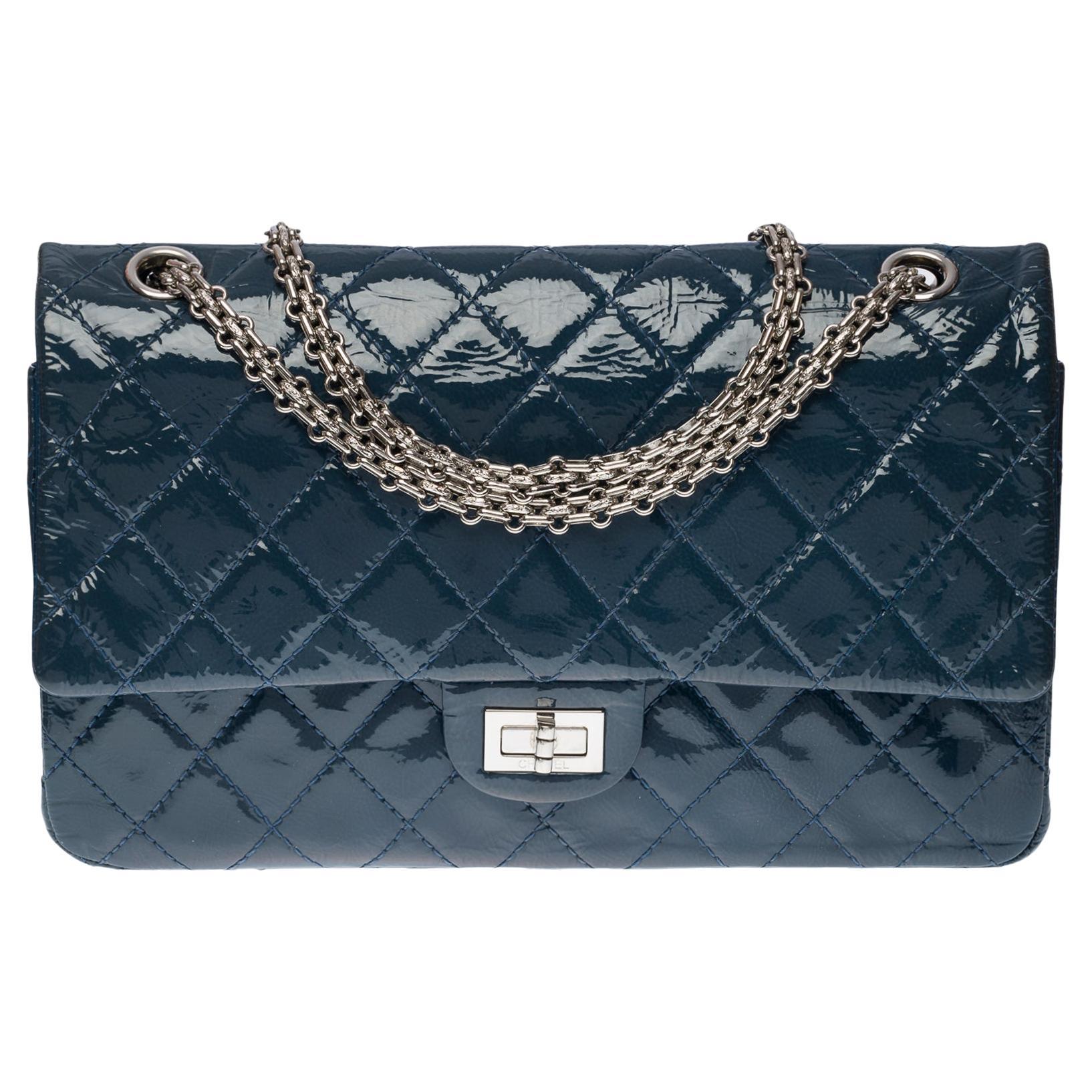 Chanel Classic 2.55 double flap shoulder bag in blue quilted patent  leather, SHW For Sale at 1stDibs | chanel 2.55 patent leather, chanel 2.55  blue, chanel 255 caviar