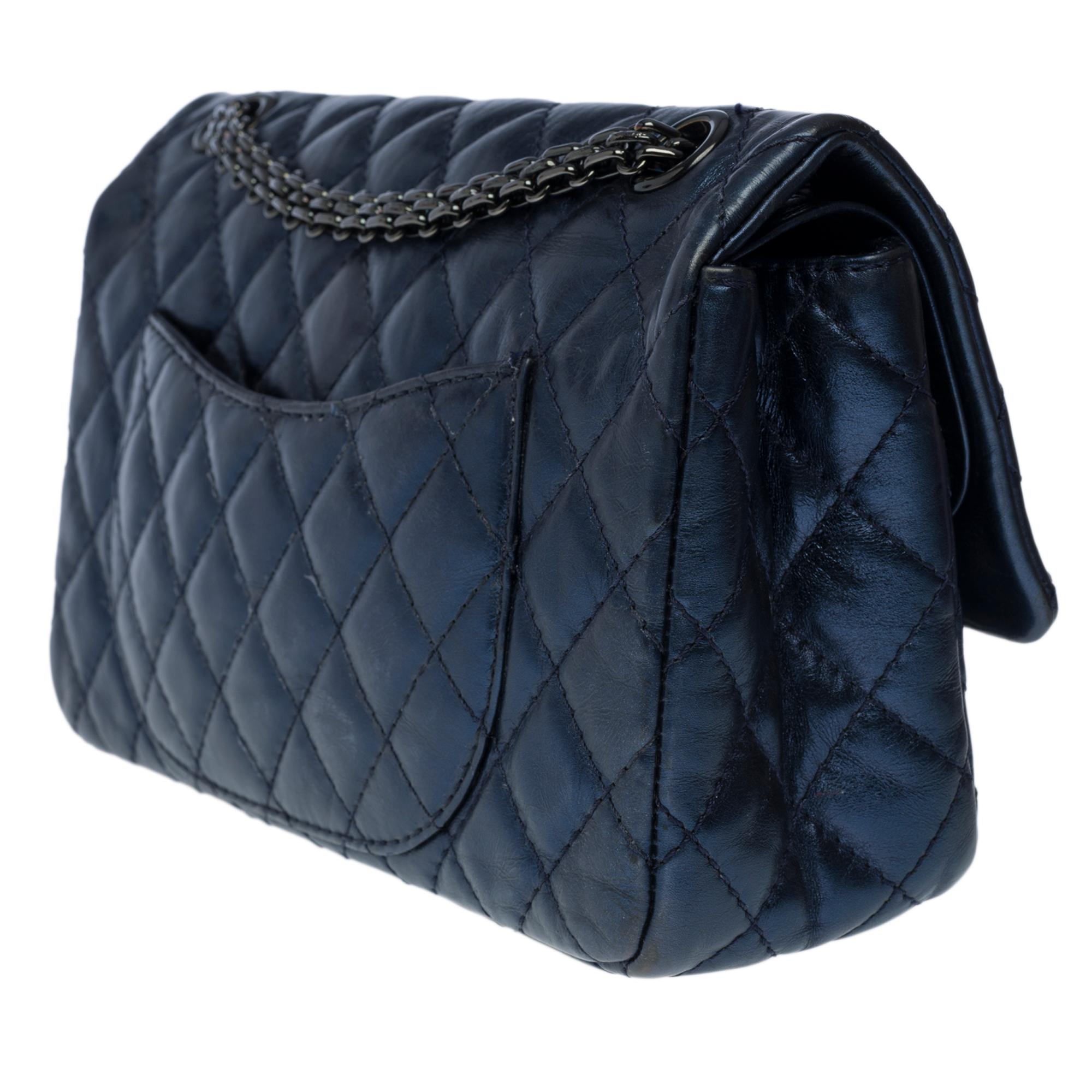 Black Chanel Classic 2.55 shoulder bag in metallic blue iridescent quilted leather, SHW