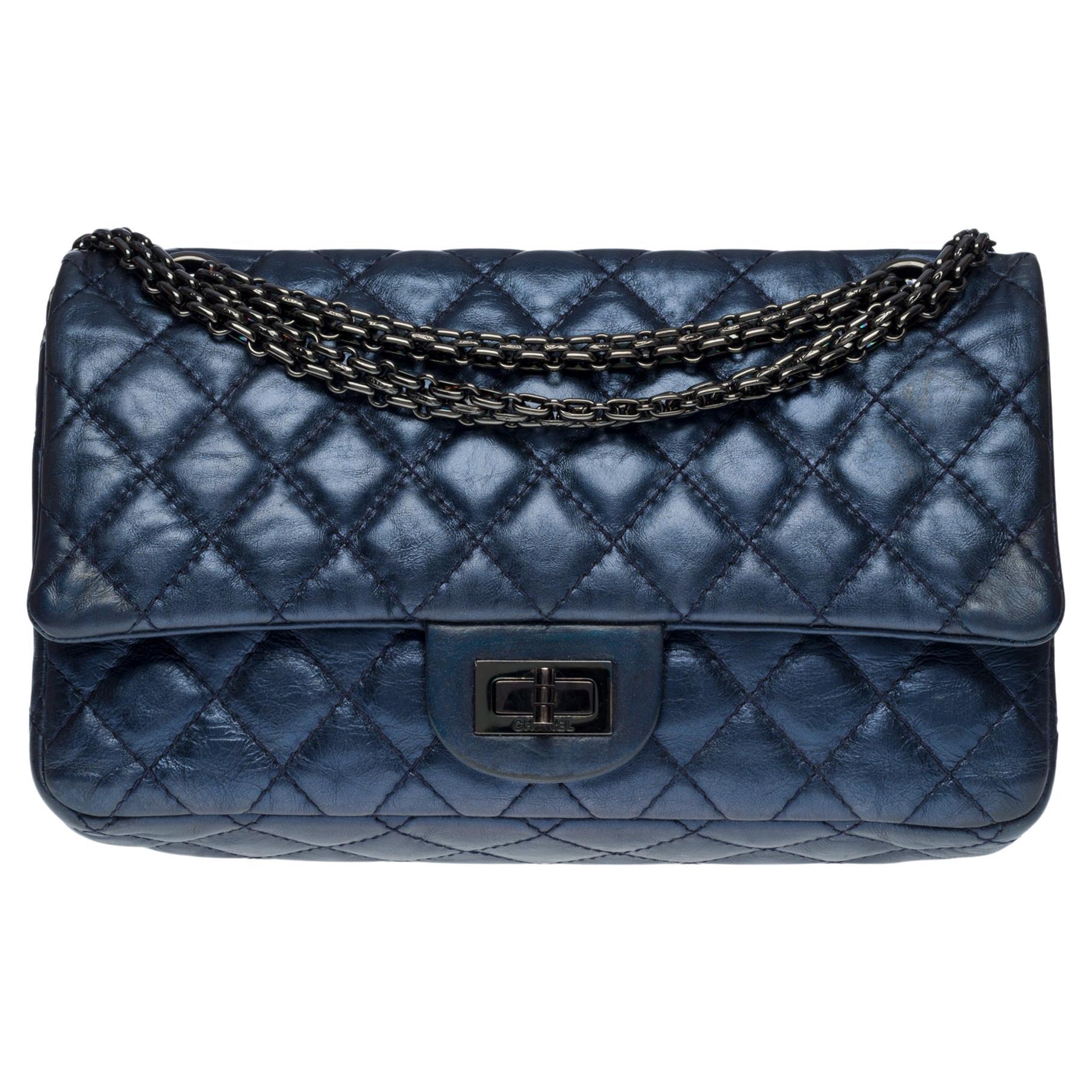 Chanel Classic 2.55 shoulder bag in metallic blue iridescent quilted  leather, SHW at 1stDibs