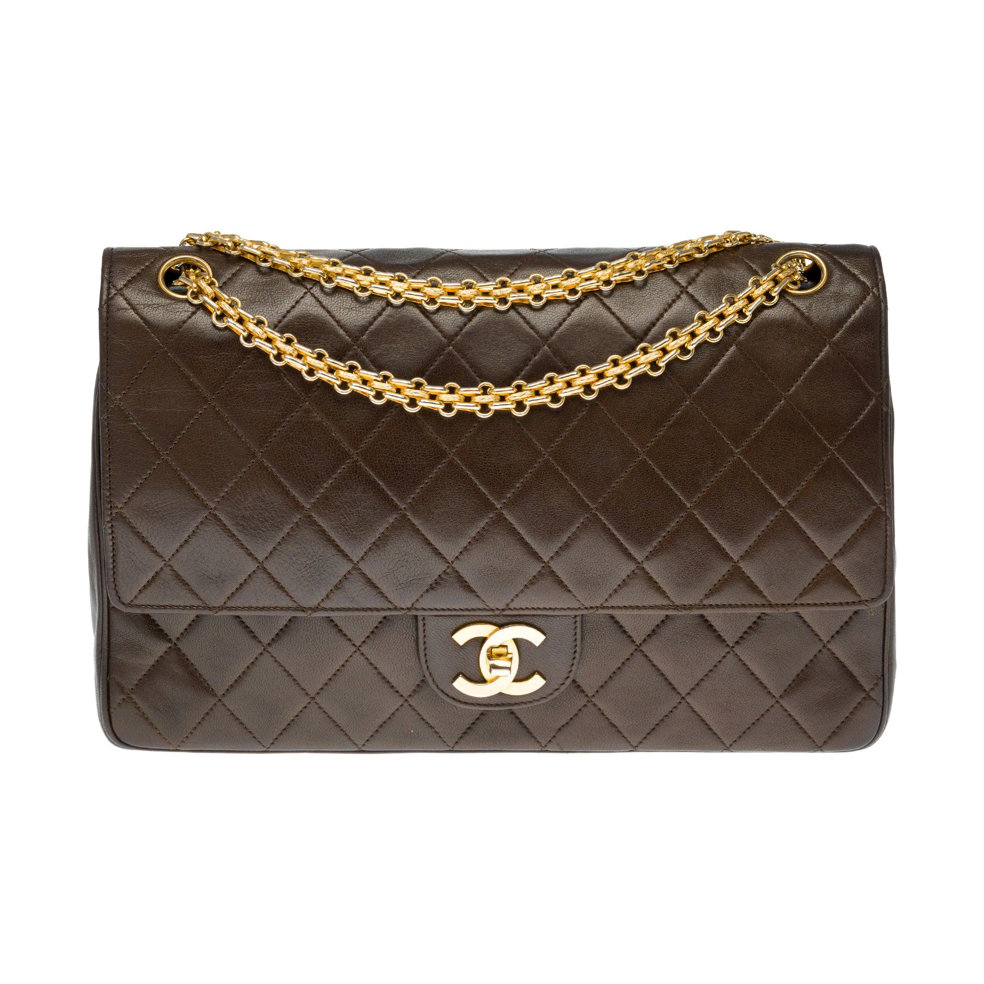 Chanel Classic 27cm shoulder bag in brown quilted lambskin and gold hardware