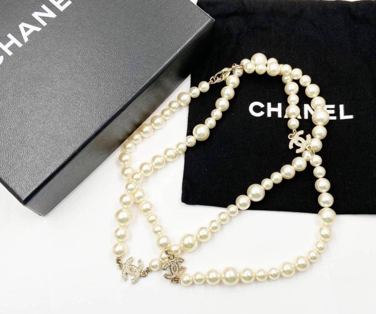 Chanel Classic 3 Gold CC Crystal Long Pearl Necklace at 1stDibs  chanel  pearl necklace, channel pearl necklace, chanel long necklace pearl