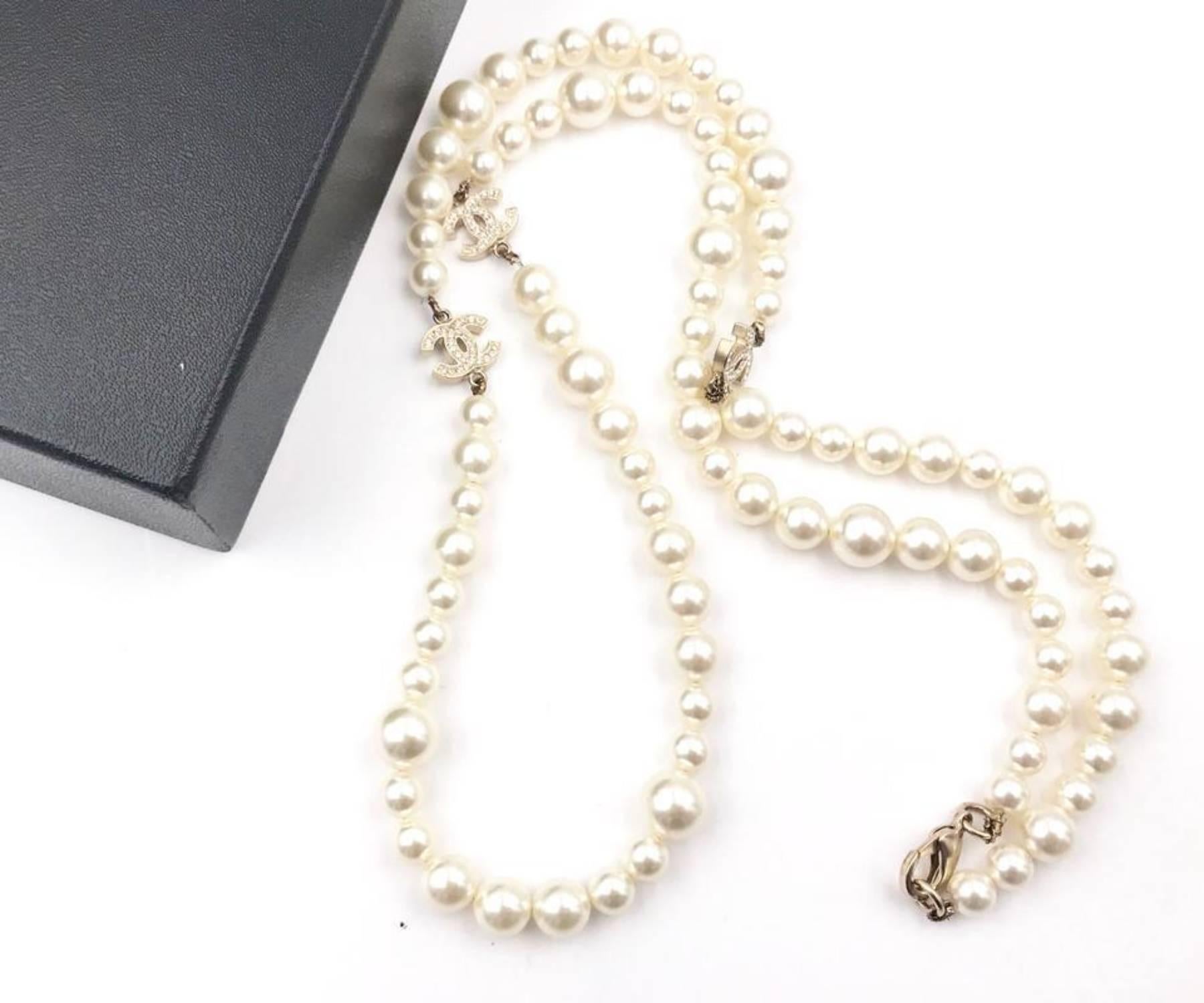 Artisan Chanel Classic 3 Gold CC Crystal Long Pearl Necklace 